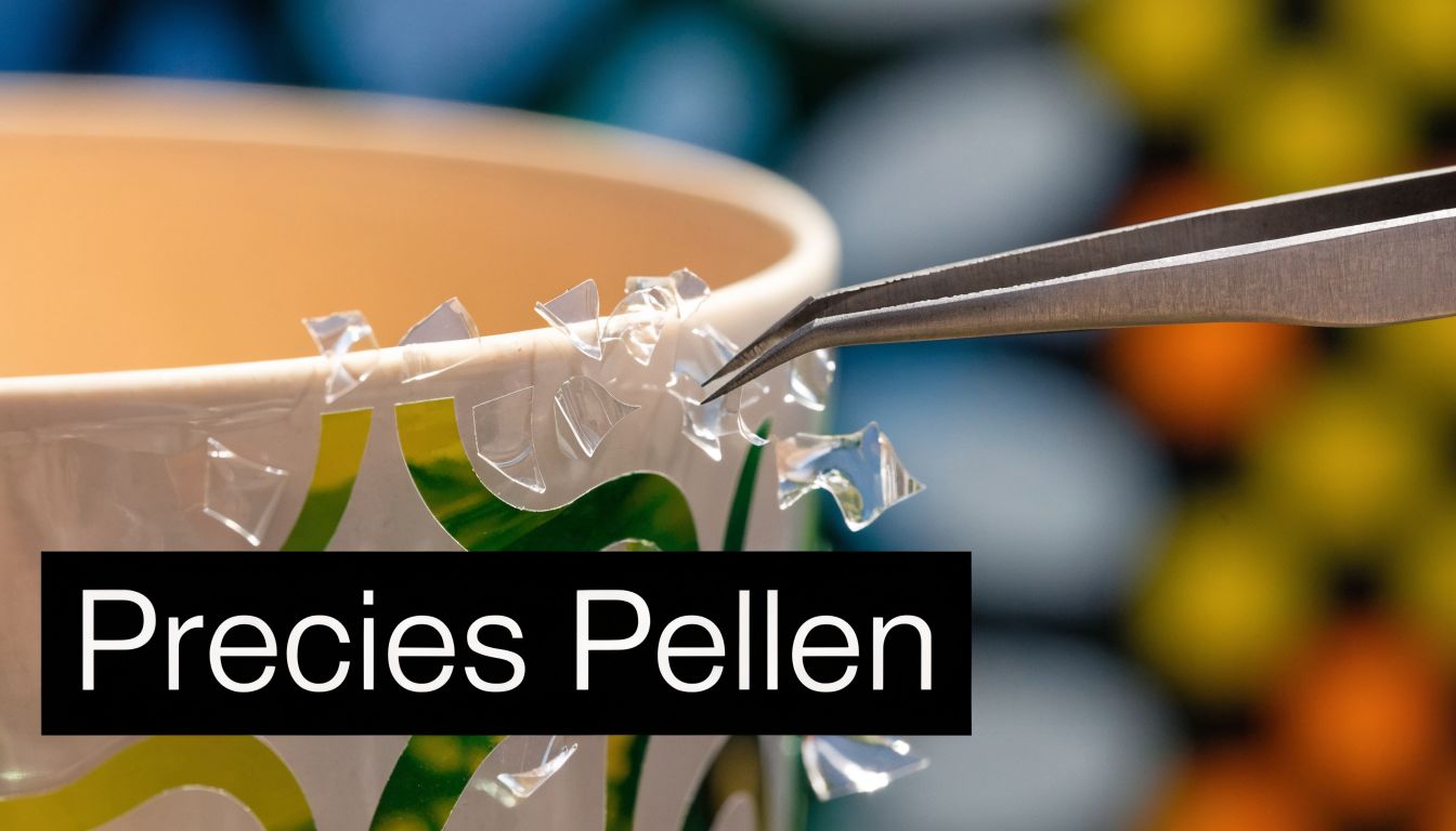 Een pincet verwijdert voorzichtig kleine stukjes transparante folie van de rand van een gedecoreerde beker.