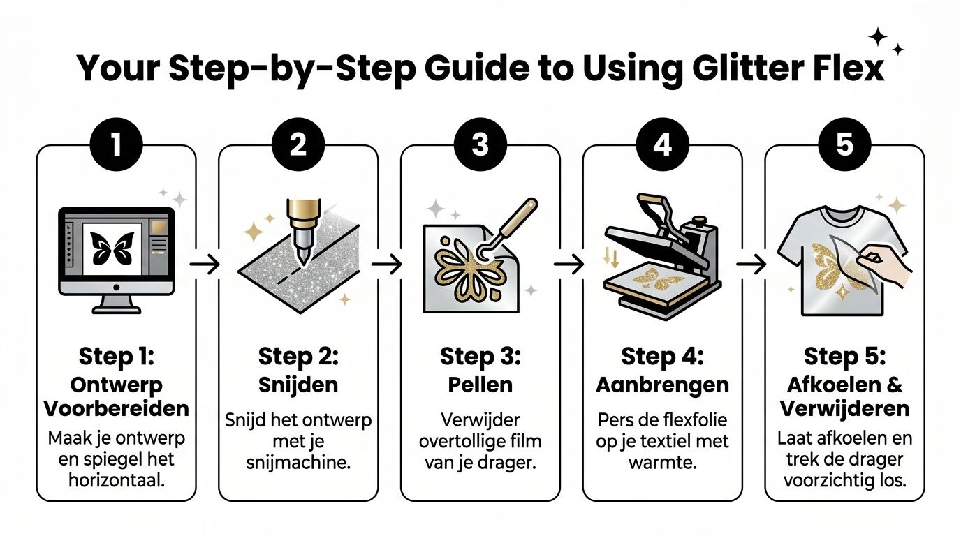 Stappenplan voor het gebruik van glitter flex folie op textiel, van ontwerp tot het eindresultaat.
