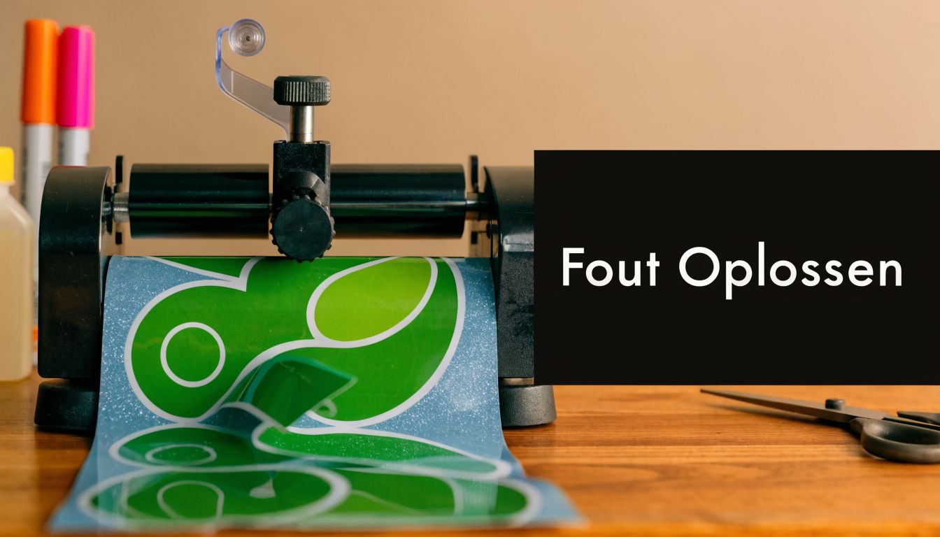 Een snijplottermachine met groen glitterfolie op een houten tafel naast een schaar en stiften.