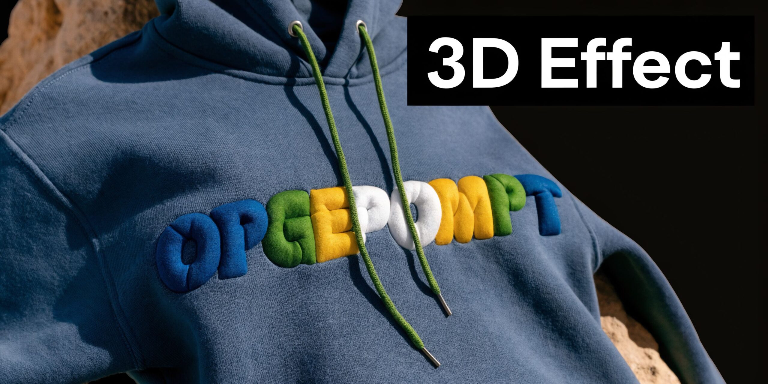Een blauwe hoodie met het woord 'OPGEPOMPT' in opvallende, gekleurde 3D puff letters op de borst.