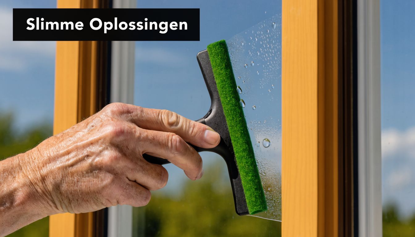 Een hand brengt statische raamfolie aan op een raam met behulp van een groene wisser.