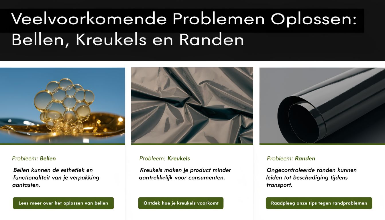 Educatieve afbeelding over veelvoorkomende verpakkingsproblemen zoals bellen, kreukels en beschadigde randen bij zelfklevende folie.