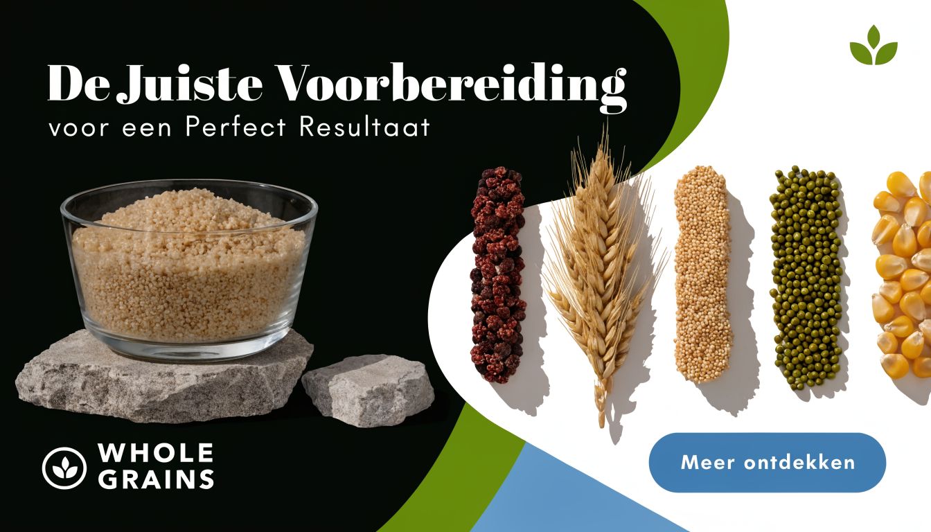 Een kom met volkoren granen op een stenen ondergrond met diverse graansoorten op de achtergrond.