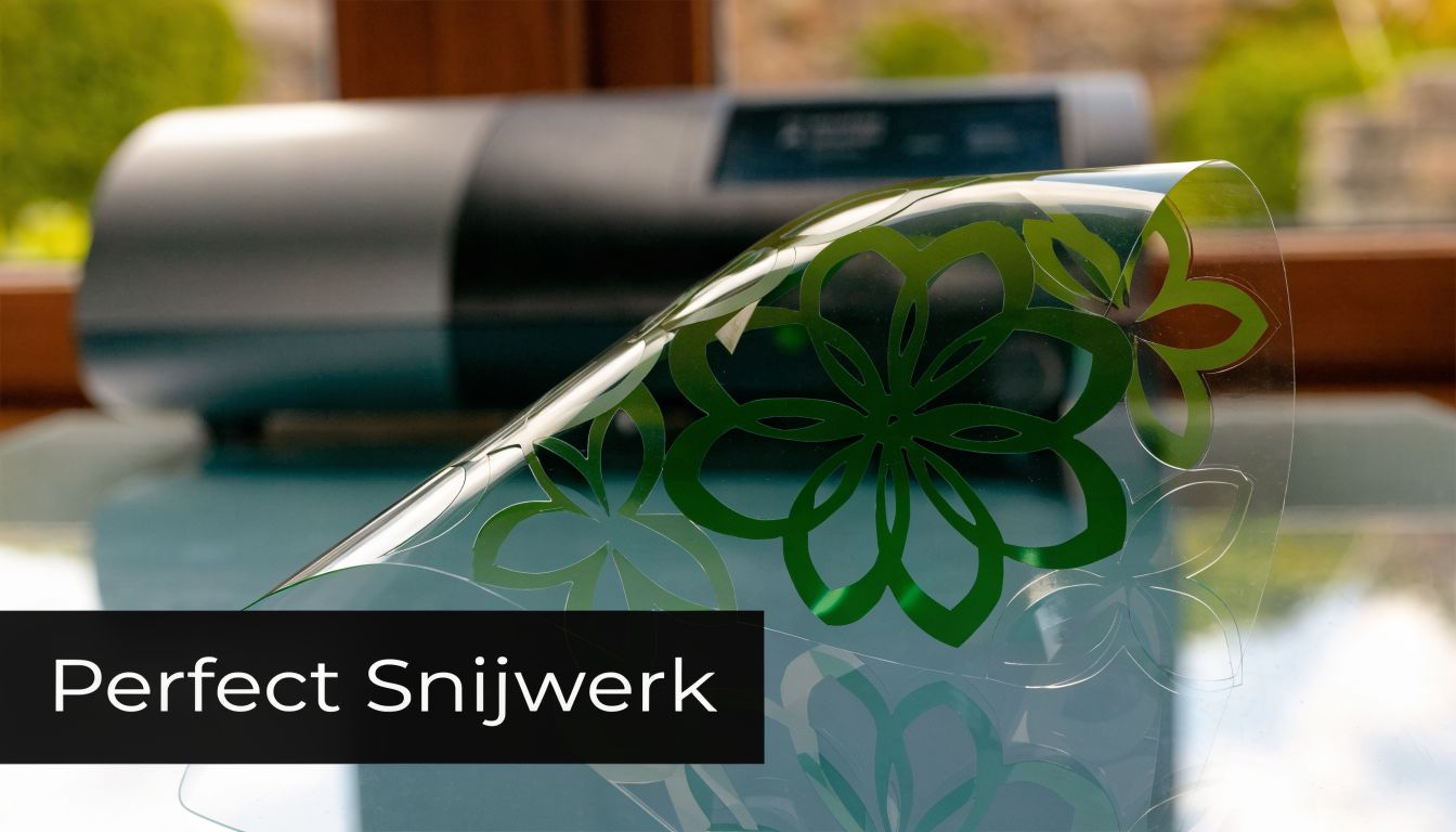 Een vel met uitgesneden groene bloemmotieven in statische raamfolie dat klaar is voor gebruik.