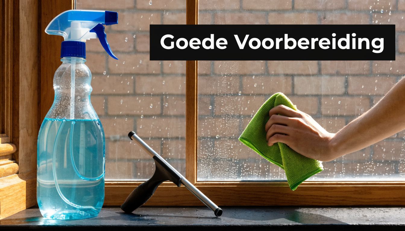 Een hand die een raam reinigt met een groene doek naast een spray en een trekker.