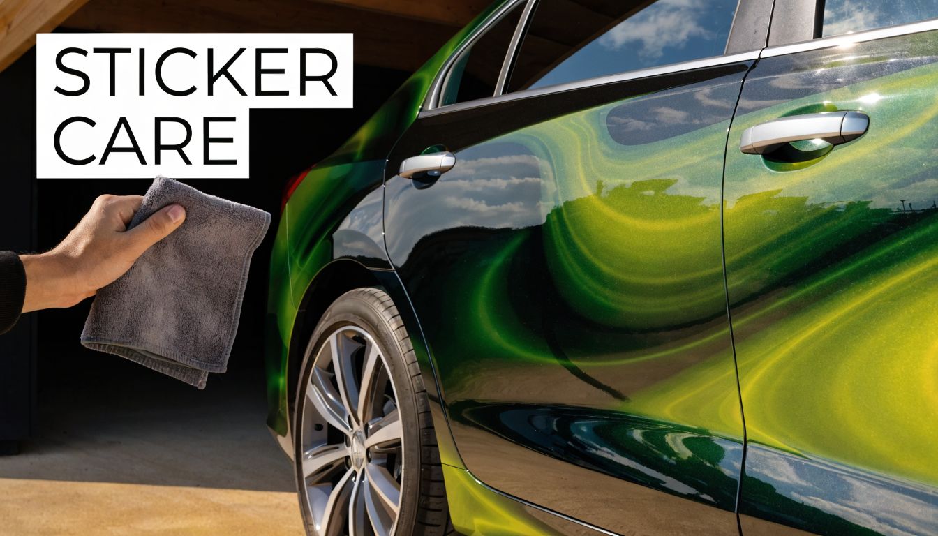 Een hand die een grijze microvezeldoek vasthoudt om de lak van een opvallende groene auto te onderhouden.