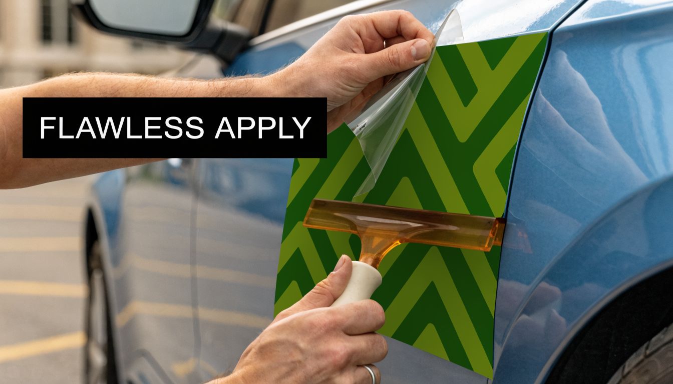 Een persoon brengt een groene geometrische autosticker aan op een blauw voertuig met een rakel.