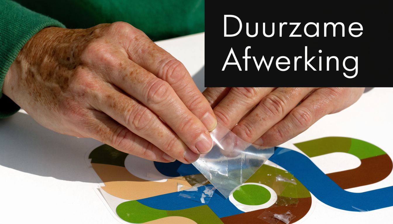 Persoon die voorzichtig een transparante beschermlaag van een kleurrijke gepersonaliseerde sticker op een witte ondergrond verwijdert.