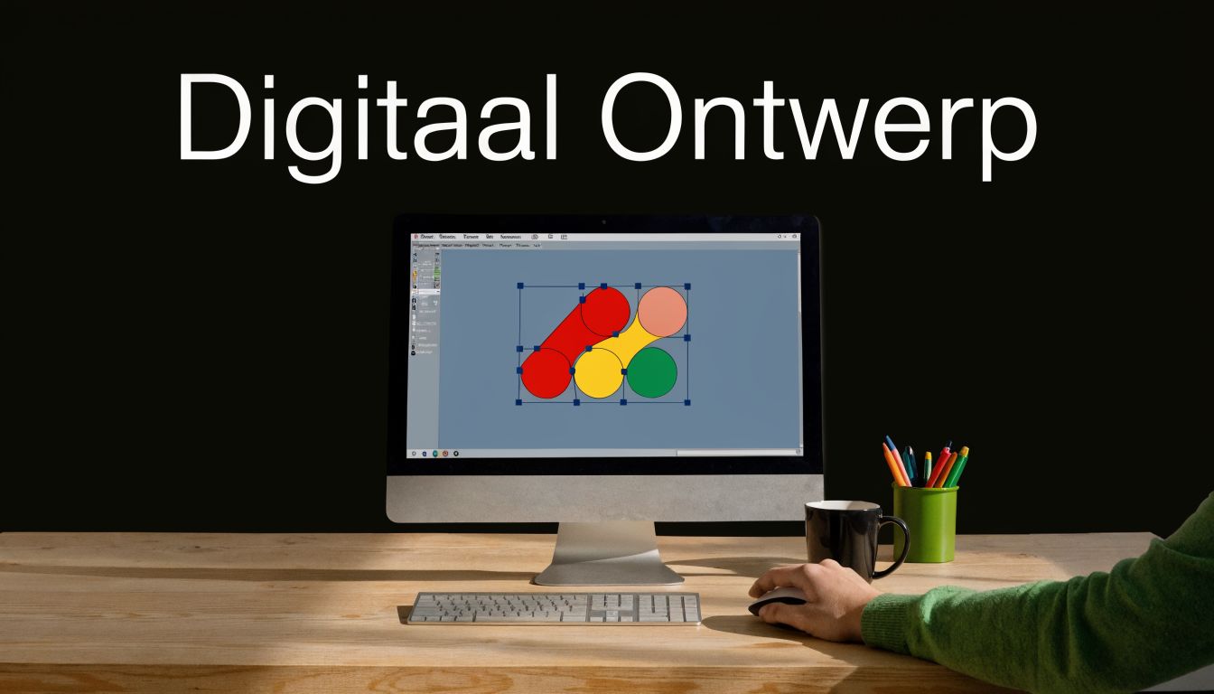 Een persoon werkt achter een computer aan een digitaal ontwerp voor gepersonaliseerde stickers op een bureau.