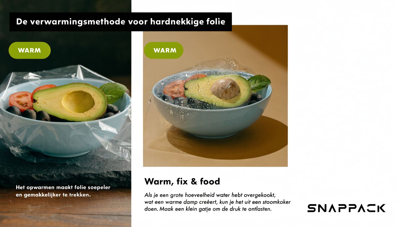 Een kom met avocado en groenten bedekt met vershoudfolie, waarbij warmte wordt gebruikt om de folie soepeler te maken.