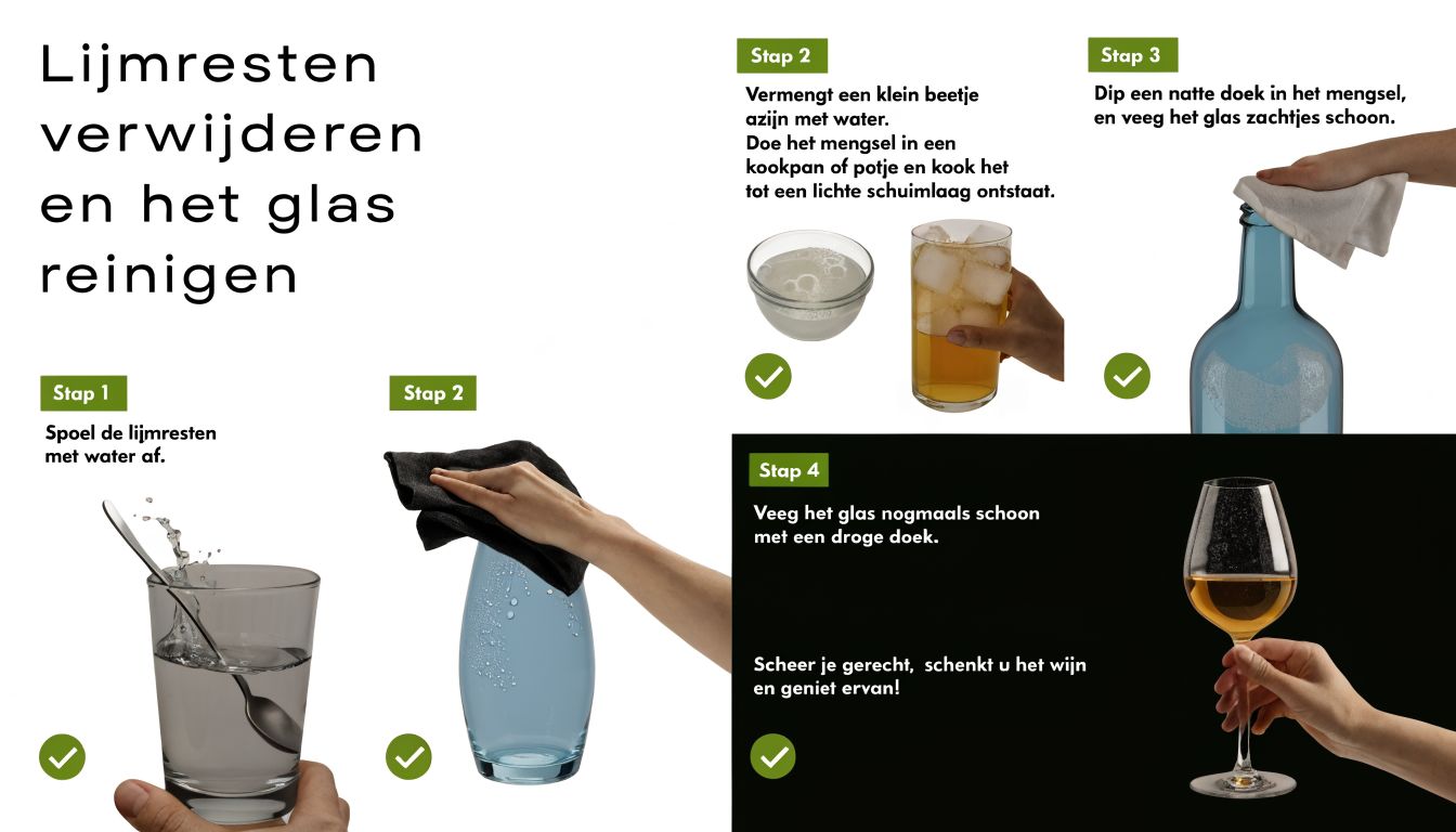 Een stappenplan voor het verwijderen van lijmresten van glas en het reinigen van glazen met huishoudelijke middelen.
