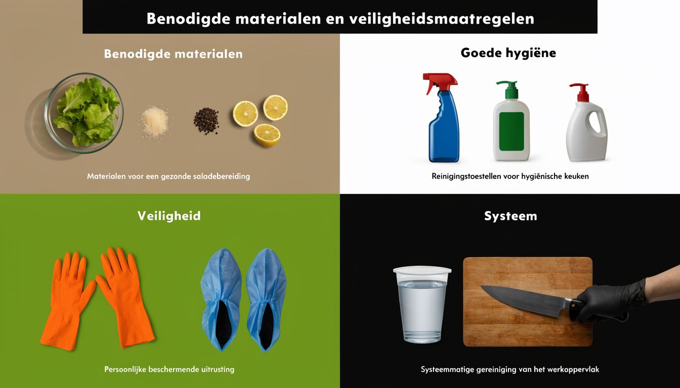 Een overzicht van benodigde materialen, hygiëneproducten, beschermende kleding en gereedschap voor een veilige voedselbereiding in de keuken.