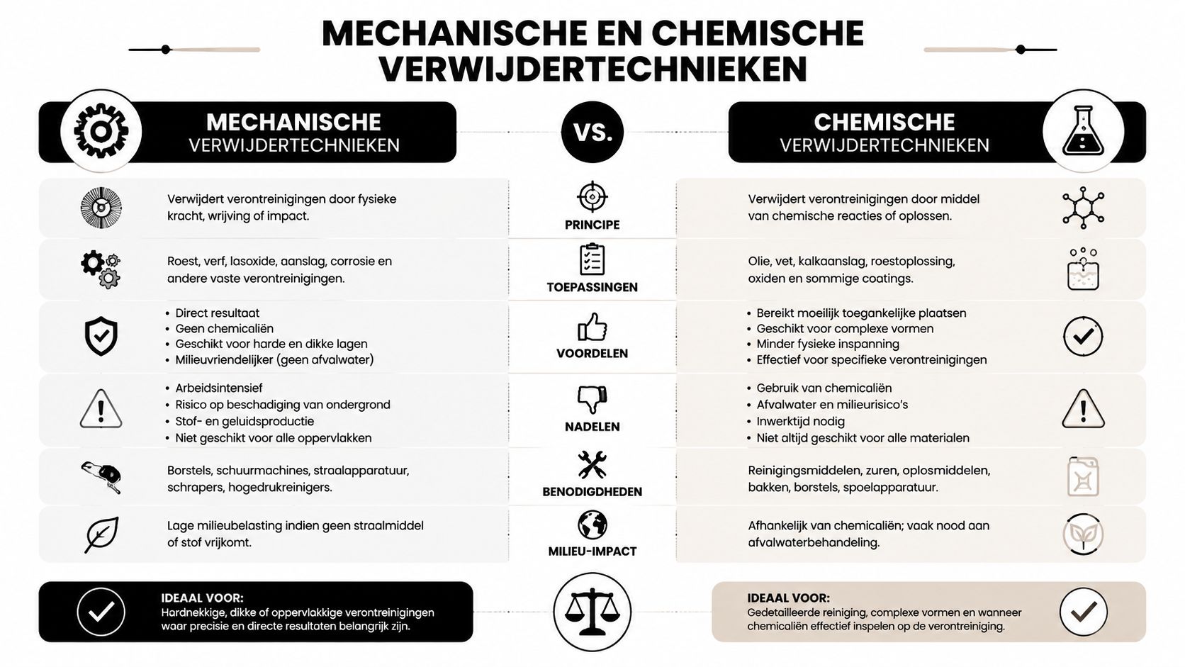 Vergelijkingstabel van mechanische en chemische verwijdertechnieken voor het effectief verwijderen van diverse soorten industriële vervuiling.