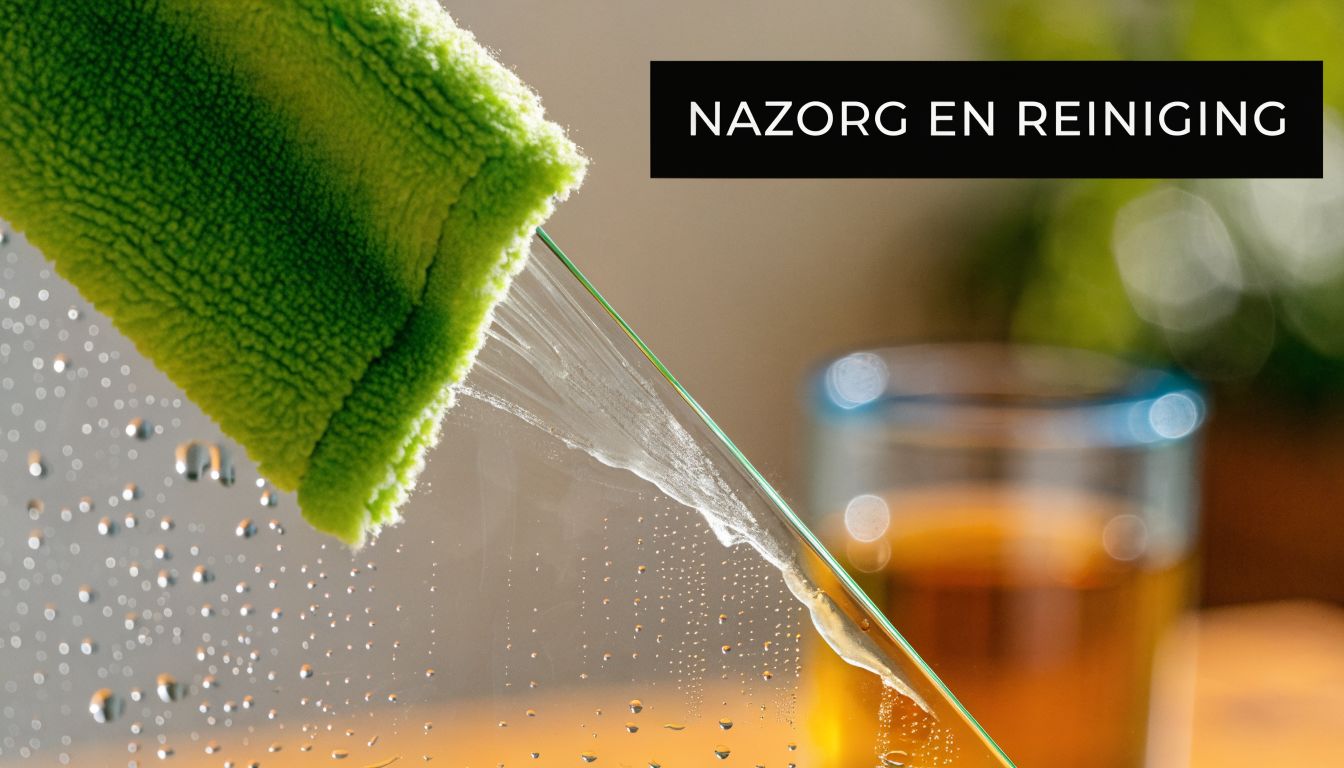 Een groene microvezeldoek die een glazen oppervlak schoonveegt met de tekst nazorg en reiniging in beeld.