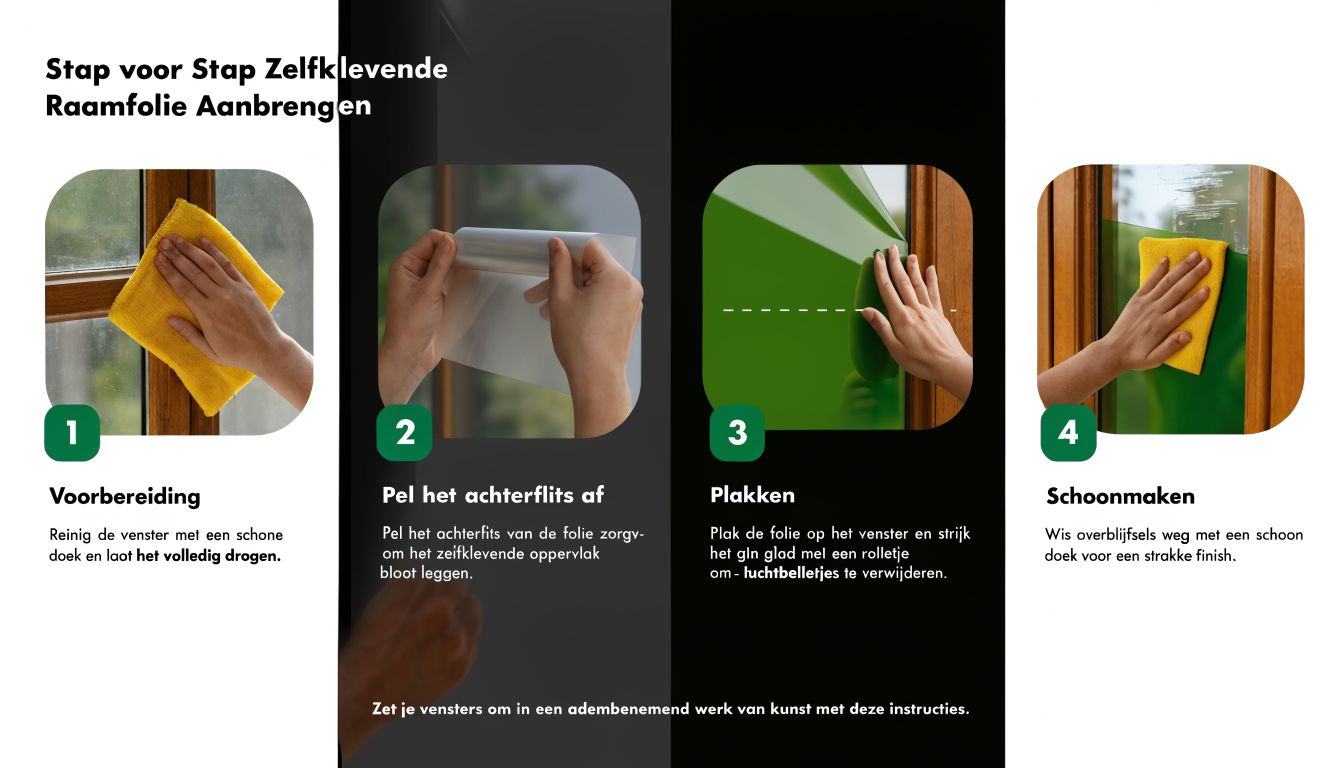 Een stappenplan met afbeeldingen voor het correct aanbrengen van zelfklevende raamfolie op een houten raamkozijn.