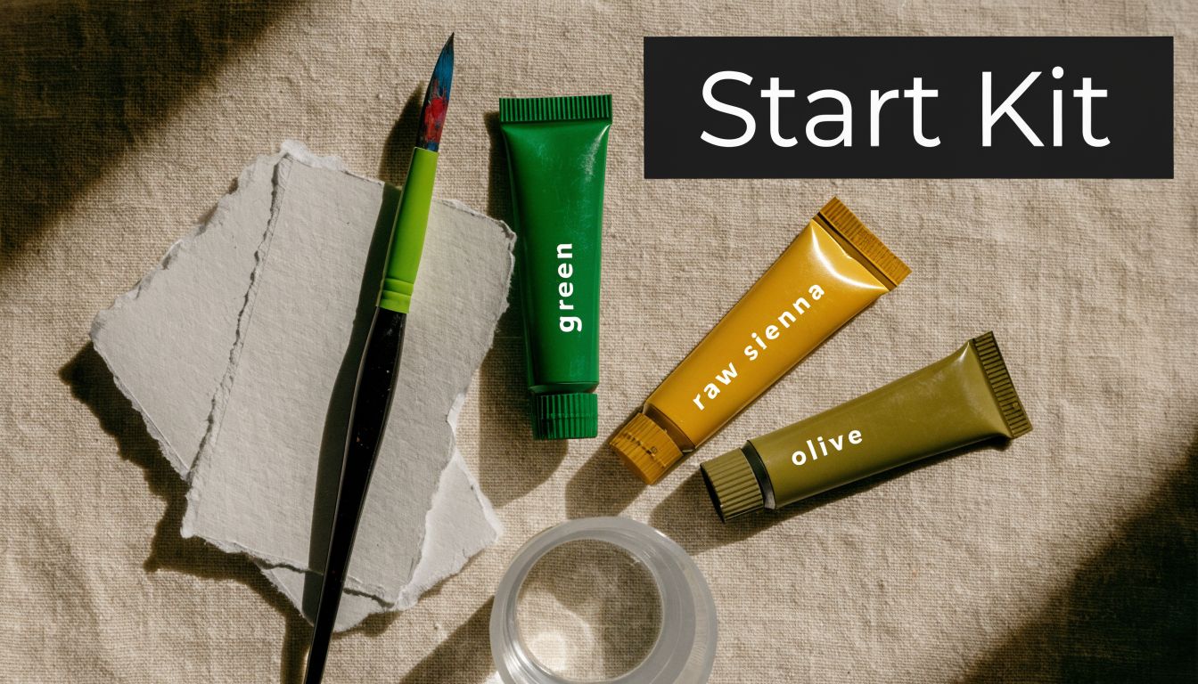 Een startset voor aquarelleren met een penseel, tubes verf en papier op een linnen ondergrond.