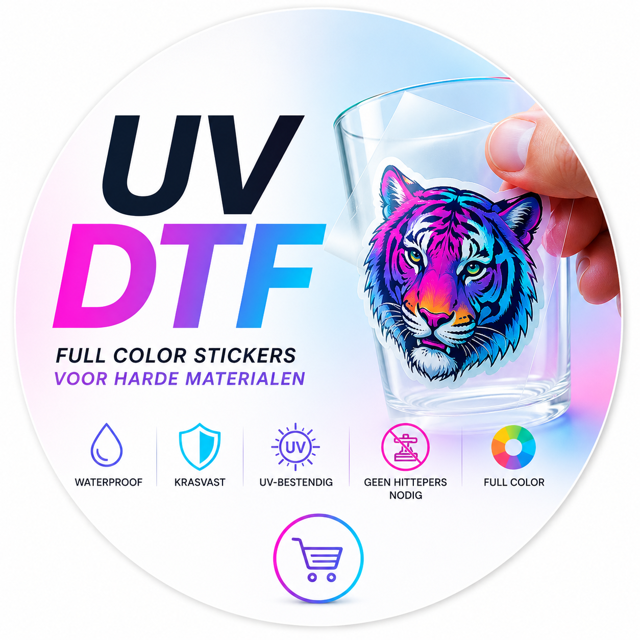 UV DTF stickers voor harde materialen zoals glazen, tumblers, mokken, kunststof, hout en metaal. Full color UV DTF transfer die eenvoudig zonder hittepers wordt aangebracht.