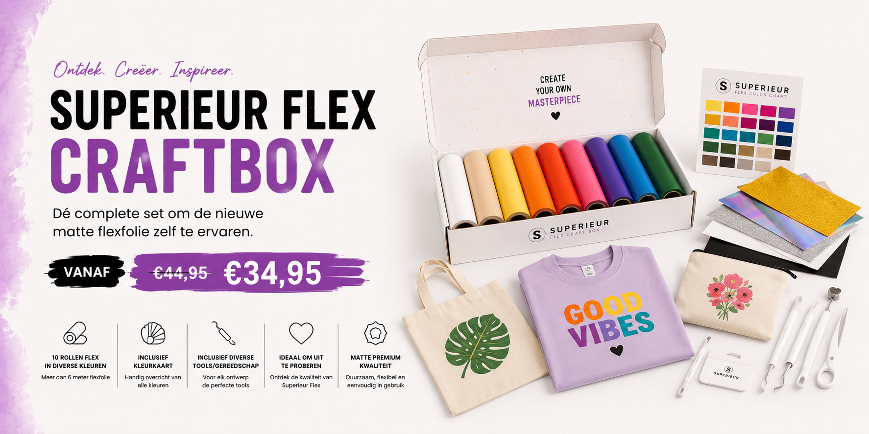 Voordeelbox met meer dan 6 meter flex folie en diverse tools om kleding te bedrukken