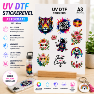 Bestel professionele UV DTF stickers en transfers voor glazen, tumblers, mokken, kunststof, hout en metaal. Full color bedrukt, krasvast, waterbestendig en al verkrijgbaar vanaf kleine oplages.
