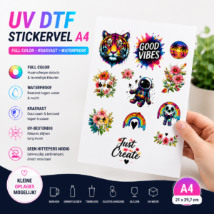 Laat eenvoudig UV DTF stickers met jouw eigen ontwerp maken. Perfect voor glazen, drinkflessen, mokken en andere harde materialen. Full color, UV-bestendig en zonder hittepers aan te brengen.