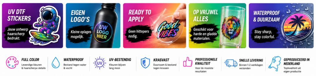 UV DTF stickers voor harde materialen zoals glazen, tumblers, mokken, kunststof, hout en metaal. Full color UV DTF transfer die eenvoudig zonder hittepers wordt aangebracht.