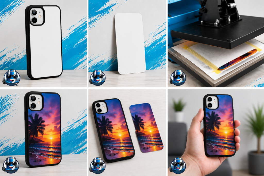 Sublimatie telefoonhoesje voor Apple iPhone 16 Plus 1 Sublimatie telefoonhoesje voor iPhone 15 met blanco hoesje, aluminium sublimatieplaat, hittepers en bedrukt eindresultaat.