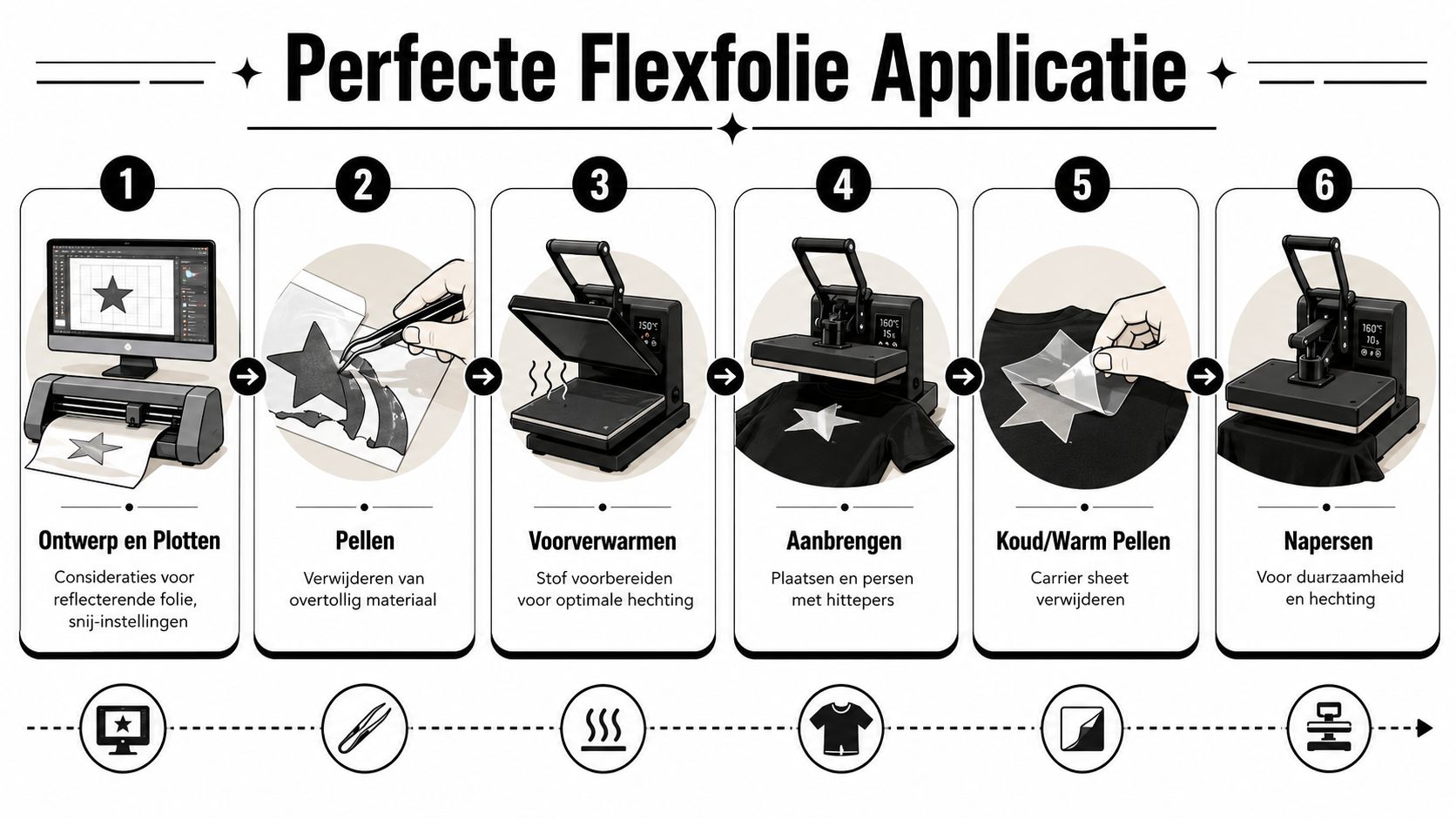 Reflecterende flexfolie: De complete gids voor 2026 4 Stappenplan voor het correct aanbrengen van reflecterende flexfolie op textiel met een hittepers en snijplotter.