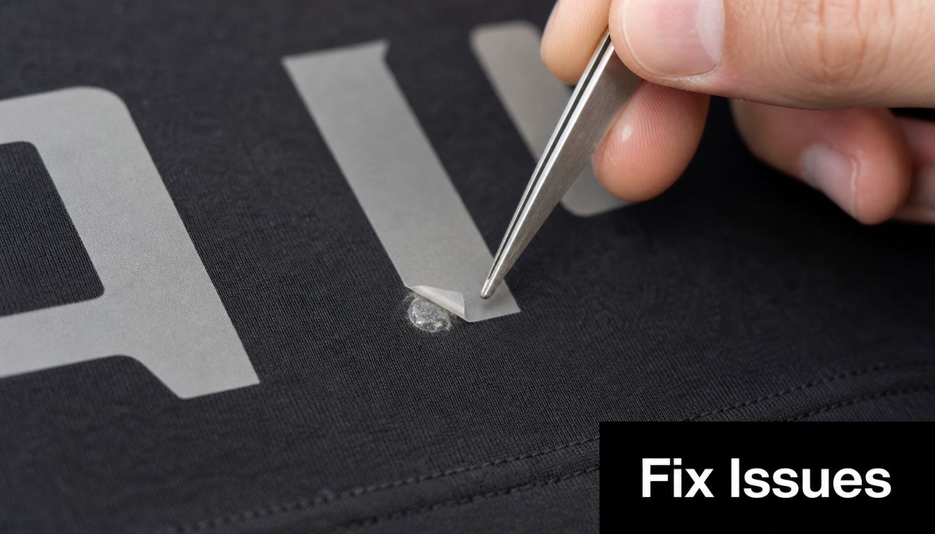 Reflecterende flexfolie: De complete gids voor 2026 5 Close-up van een pincet dat voorzichtig reflecterende flexfolie van een zwart textielshirt verwijdert of corrigeert.