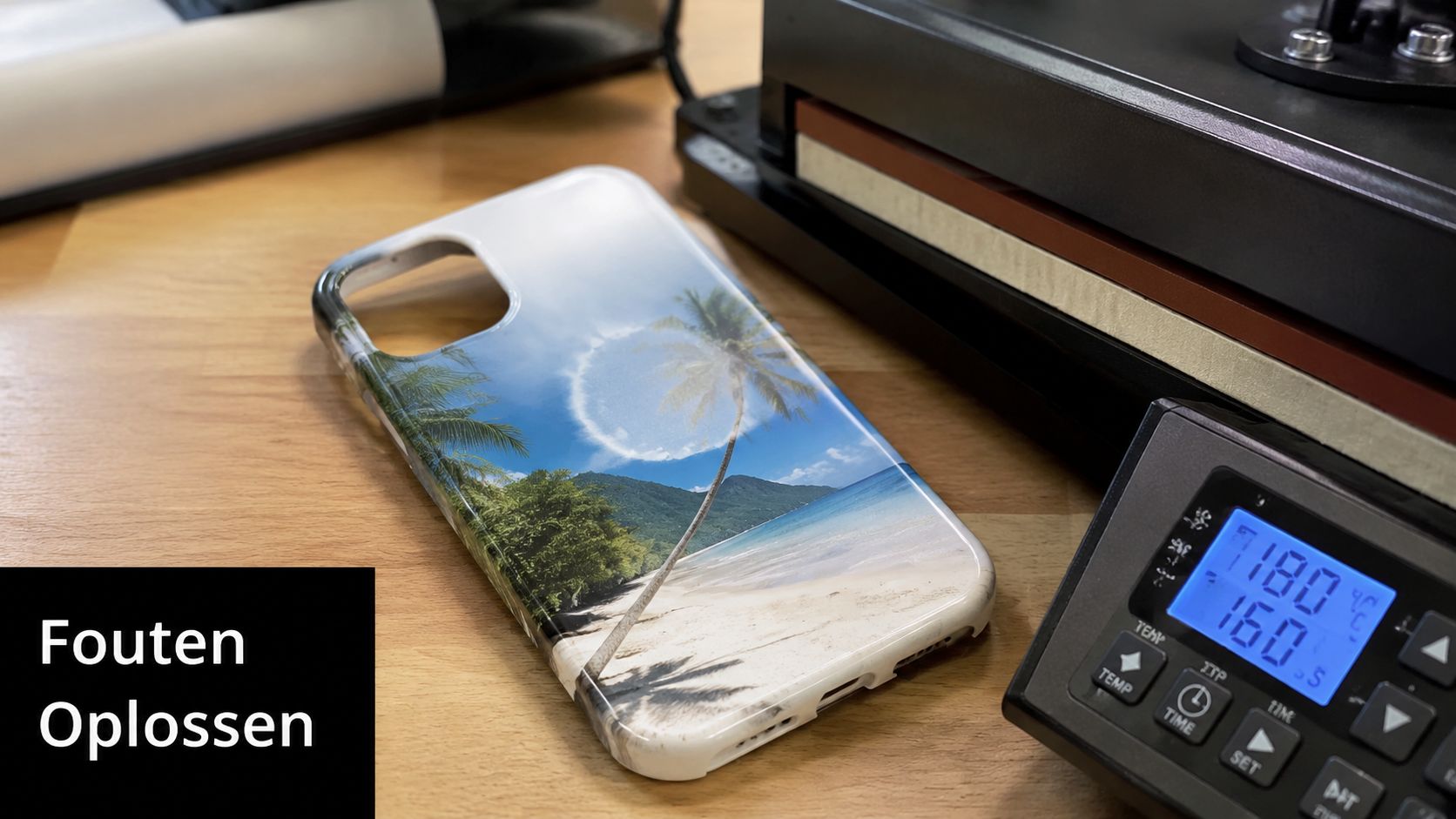 Een bedrukt sublimatie telefoonhoesje met een tropische strandafbeelding ligt naast een warmtepers op een houten tafel.