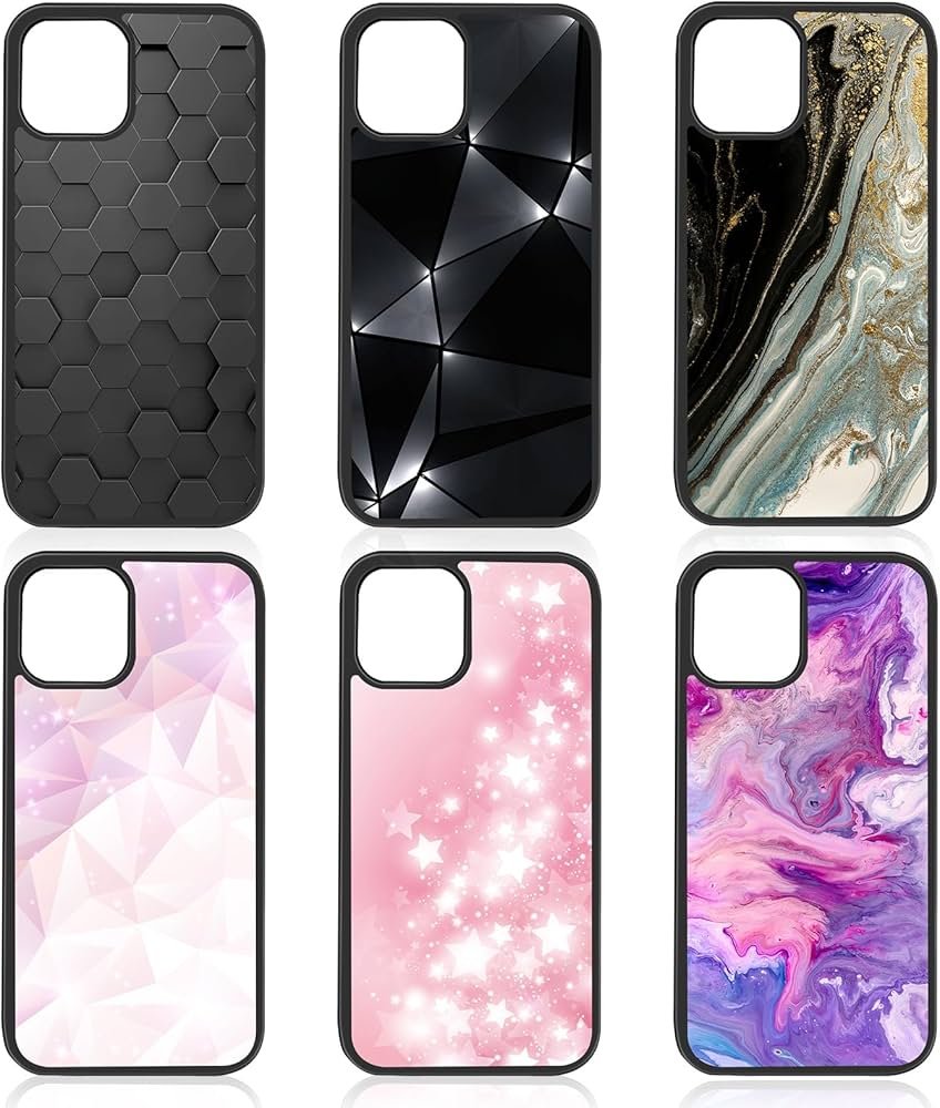 Zes diverse telefoonhoesjes met patronen zoals honingraat, geometrisch, marmer en roze sterren.
