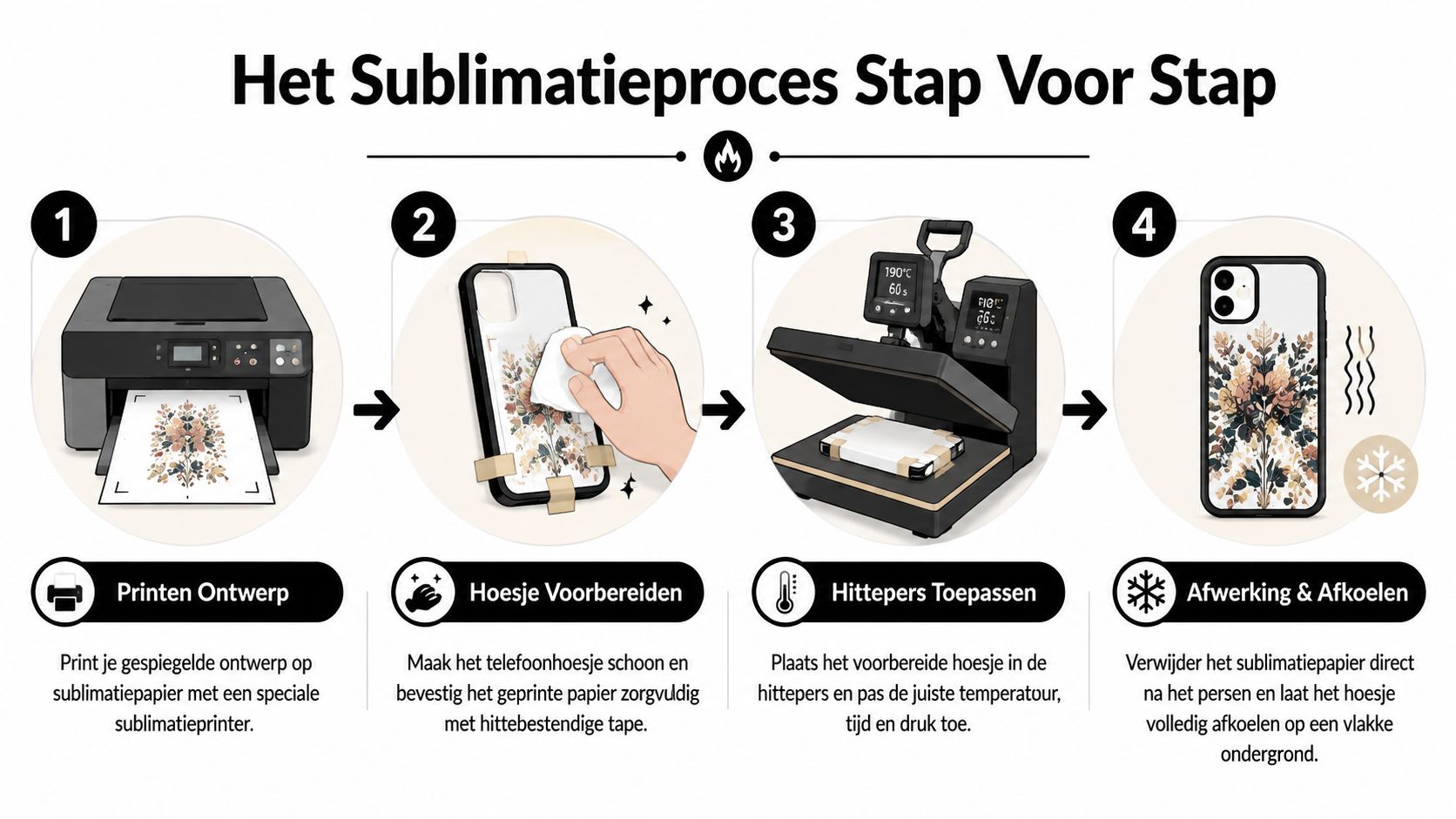 Een stappenplan infographic voor het bedrukken van een telefoonhoesje door middel van het sublimatieproces.