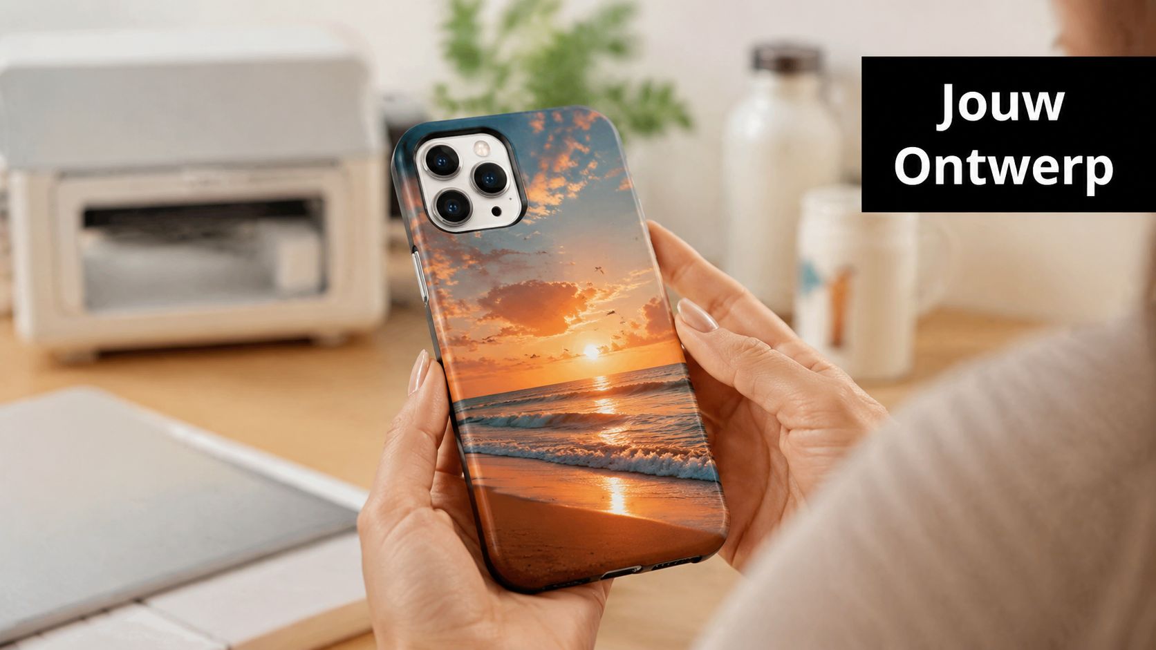 Persoon die een op maat gemaakt telefoonhoesje vasthoudt met een prachtige zonsondergang afbeelding op een bureau.