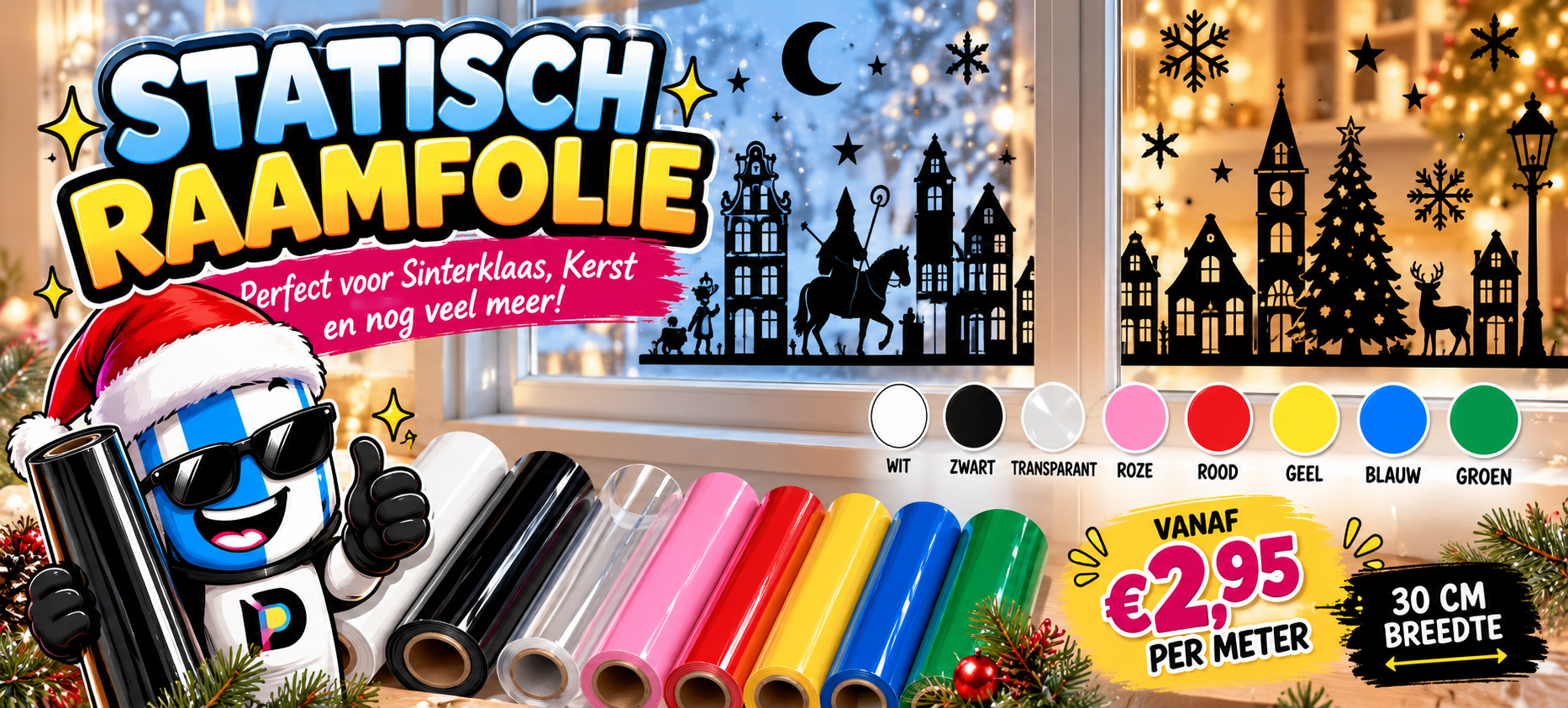 Statisch raamfolie verkrijgbaar in wit, zwart, transparant en meer kleuren. Vanaf €2,95 per meter